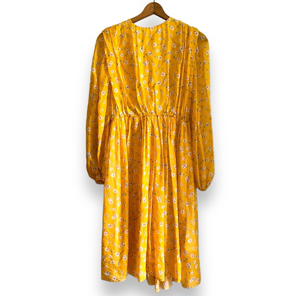 Alcoolique Italian 100% Silk Yellow Gold Floral Long Sleeve A-Line Midi Dress